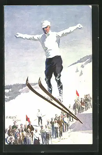 Künstler-AK O. Merte: Skispringer im Flug