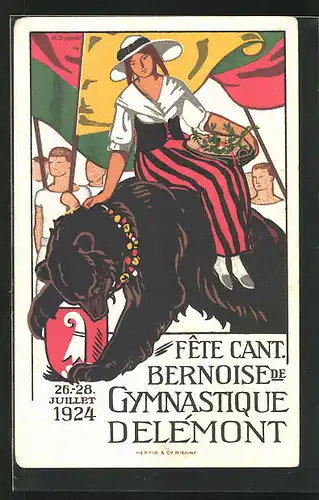 AK Bern, Turnfest 1924, Männer mit Flaggen, Frau reitet auf Bären, Fete Cant. Bernoise de Gymnastique Delémont