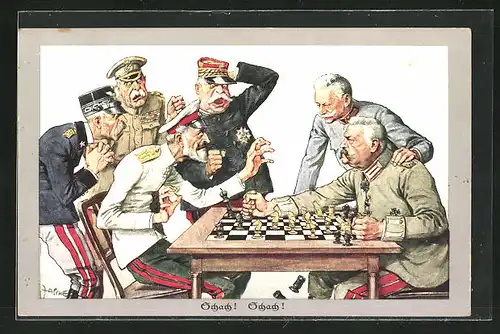 Künstler-AK Theo Zasche: Paul von Hindenburg bietet dem Feind Schach