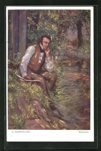 Künstler-AK Adolf Karpellus: Schubert im Wald am Ufer sitzend
