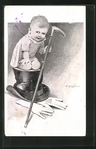 Künstler-AK F. Gareis: Kleinkind mit Stock auf einem Zylinder kniend