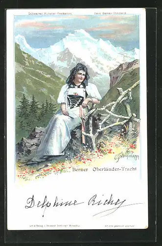Künstler-AK C. Steinmann: Frau in Berner Oberländer-Tracht sitzt auf einem Felsen