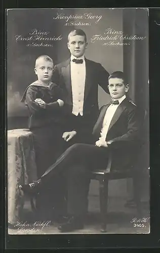 Foto-AK Walter Hahn, Nachfolger: Kronprinz Georg, Prinz Ernst Heinrich und Prinz Friedrich Christian von Sachsen