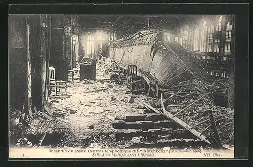 AK Incendie du Poste Central téléphonique dit Gutenberg 1908, Salle d`un Multiple, Grossbrand
