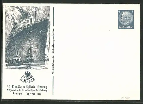 Dekorativer Brief Ganzsache, Bremen 1938, 44. Deutscher Philatelistentag, Dampfer Bremen & Schlepper
