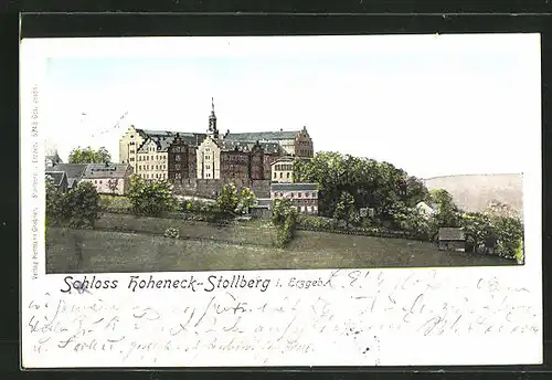 Goldfenster-AK Stollberg i. Erzgeb., Schloss Hoheneck mit leuchtenden Fenstern