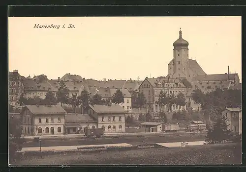 AK Marienberg i. Sa., Teilansicht mit Bahnhof und Kirche