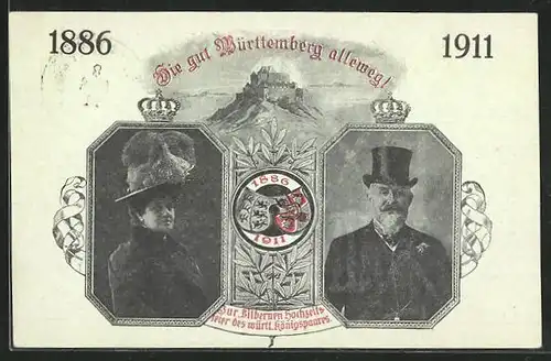 AK von Württemberg, Erinnerungskarte an die silberne Hochzeit des württ. Königspaares 1911, Ganzsache