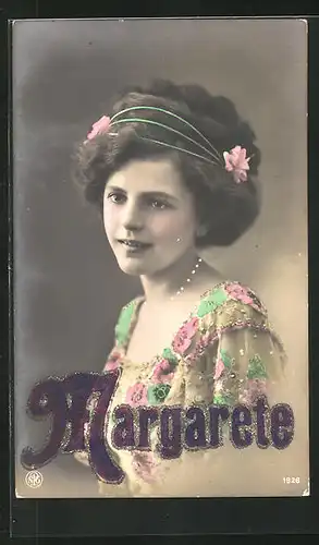 AK Namenstag Margarete, Bildnis einer jungen Frau mit Blumen im Haar