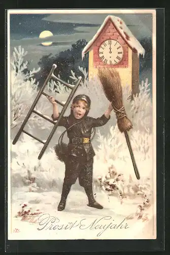 AK Junger Schornsteinfeger mit Besen und Leiter steht um Mitternacht vor der Uhr, Prosit Neujahr