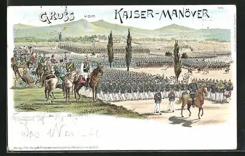 Lithographie Gruss vom Kaiser-Manöver, Soldaten in Uniformen mit Pferden