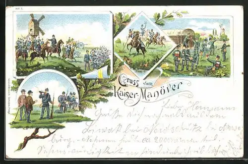 Lithographie Gruss vom Kaiser-Manöver, Soldaten in Uniformen vor einer Windmühle, zu Pferde, auf dem Platz