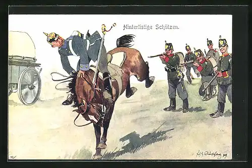 Künstler-AK Fritz Schönpflug: hinterlistige Schützen, Soldaten schiessen auf ein Pferd