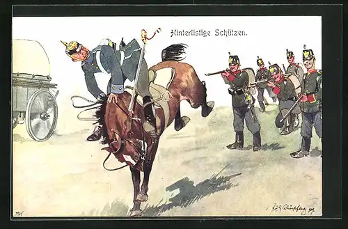 Künstler-AK Fritz Schönpflug: hinterlistige Schützen, Soldaten schiessen auf ein Pferd