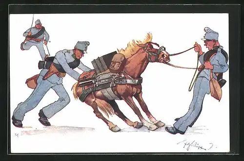Künstler-AK Fritz Schönpflug: Soldaten versuchen ein störrisches Pferd zum Laufen zu bewegen
