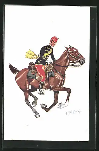 Künstler-AK Fritz Schönpflug: Soldat galoppiert mit seinem Pferd
