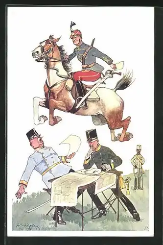 Künstler-AK Fritz Schönpflug: K.u.K. Husar springt mit Pferd über Offiziere