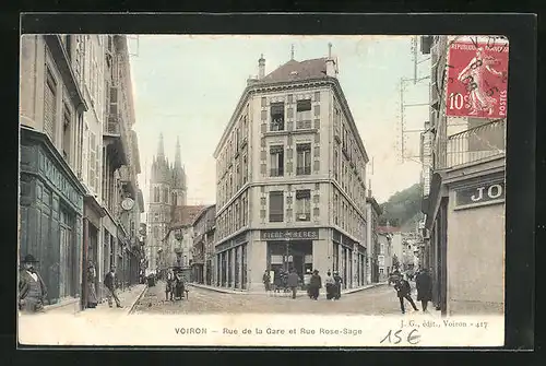 AK Voiron, Rue de la Gare et Rue Rose-Sage, Strassenpartien