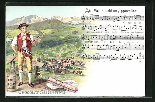 Lithographie Werbung für Chocolat Suchard, Schweizer in Tracht mit Pfeife, Min Vater ischt en Appenzeller Liedtext