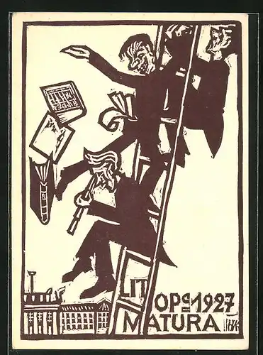 Künstler-AK Absolvia Matura 1927, Feiernde Schüler auf einer Leiter