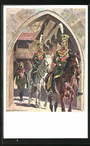 Künstler-AK Anton Hoffmann - München: K. B. Gendarmerie 1813, beritttene Soldaten reiten durch Tor