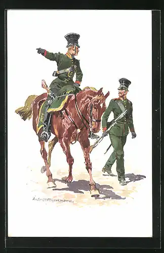 Künstler-AK Anton Hoffmann - München: K. B. Gendarmerie 1852, Soldat mit Gewehr läuft neben berittenen Soldaten