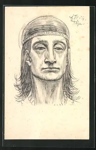 Künstler-AK Fidus: Teja, Mann mit markantem Gesicht und Stirnband im langen Haar