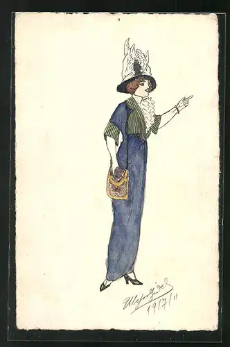 Künstler-AK Handgemalt: Dame im blauen Kleid mit Tasche und Hut, Mode