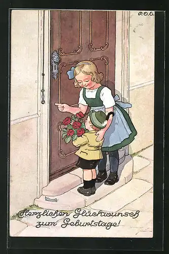 Künstler-AK P. O. Engelhard (P.O.E.): Kinder stehen mit Blumen an der Tür und gratulieren zum Geburtstag