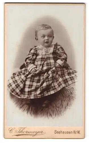 Fotografie C. Thormeyer, Seehausen, kleines Mädchen in kariertem Kleid