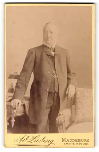 Fotografie A. Ludwig, Magdeburg, Portrait älterer Herr mit Bart u. Fliege in zeitgenöss. Kleidung an Tisch gelehnt