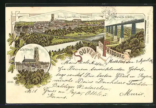 Lithographie Fribourg, Viaduc de Grandfey, La Cathédrale, Ville avec le Pont suspendu
