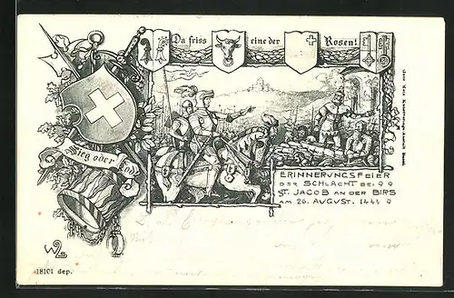 AK Basel, St. Jakob an der Birs - Erinnerungsfeier der Schlacht von 1444, Wappen