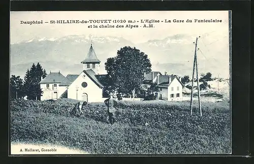 AK St-Hilaire-du-Touvet, L`Eglise, La Gare du Funiculaire et la chaine des Alpes