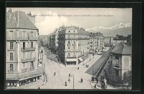 AK Grenoble, Rue Béranger, Cours Lafontaine et la Chaine des Alpes, Strassengabelung
