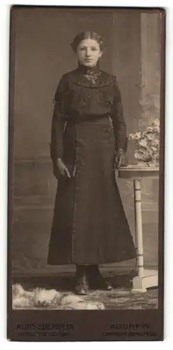 Fotografie Alois Eberwein, Adorf i. V., junge Dame in langem Rock mit Handschuhen und Schnürrstiefeln