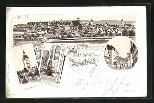 Lithographie Dinkelsbühl, Segringerthor, Brunnen mit dem Dinkelbauer, Ortsansicht