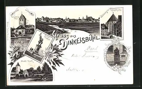 Lithographie Dinkelsbühl, Kathol. Kirche, Krieger-Denkmal, Rothenburger Thor, Stadt-Park, Denkmal Chr. v. Schmid