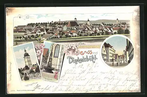 Lithographie Dinkelsbühl, Ansichten von Segringerthor und Brunnen mit Dinkelbauer