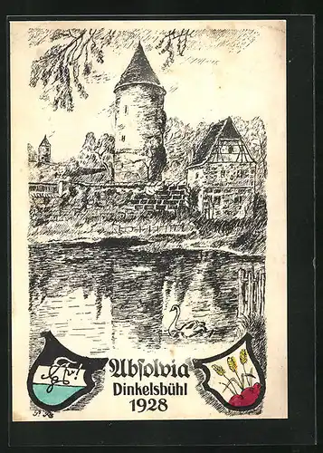 Künstler-AK Dinkelsbühl, Absolvia 1928, Turm und alte Stadtmauer