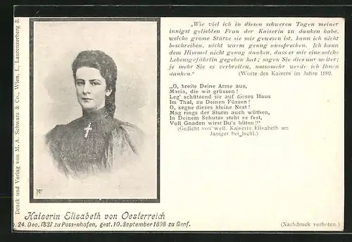 AK Kaiserin Elisabeth von Österreich, Worte des Kaisers im Jahre 1889