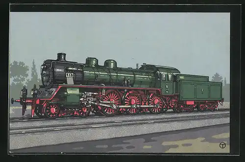 Künstler-AK sign. Teuteberg: HANOMAG, 12 C-Dreizylinder-Schnellzuglok der Preuss. Staatsbahn