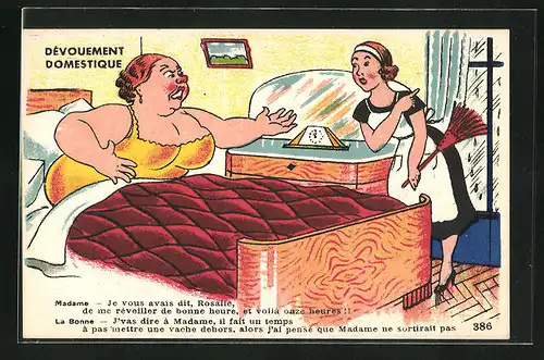AK übergewichtige Frau im Bett mit schlankem Dienstmädchen