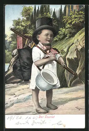 AK Der Tourist, Scherz, Kind mit Gepäck und Nachttopf
