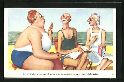AK Schlankes Paar beobachtet die übergewichtige Dame am Strand