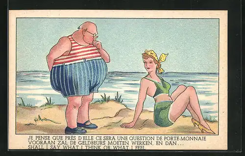 AK Übergewichtiger Mann betrachtet die junge Schönheit am Strand