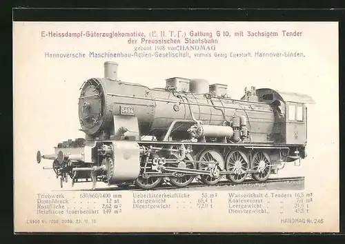 AK Hannover-Linden, Hanomag, E-Heissdampf-Güterzuglokomotive Gattung G 10 der Preussischen Staatsbahn, geb. 1918