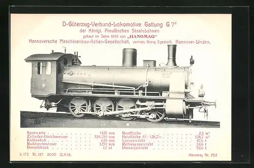 AK Hannover-Linden, Hanomag, D-Güterzug-Verbund-Lokomotive Gattung G7, gebaut im Jahre 1895