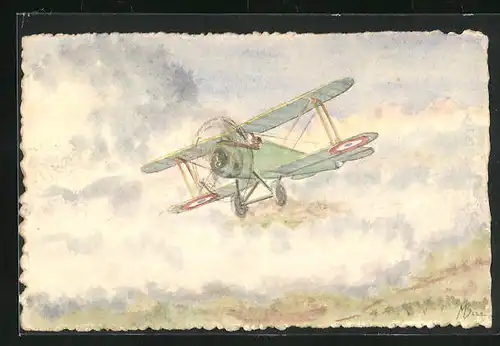 Künstler-AK Handgemalt: Französisches Kampf-Flugzeug in der Luft
