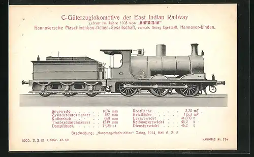 AK Güterzuglokomotive der East Indian Railway, gebaut von Hanomag, Hannover-Linden